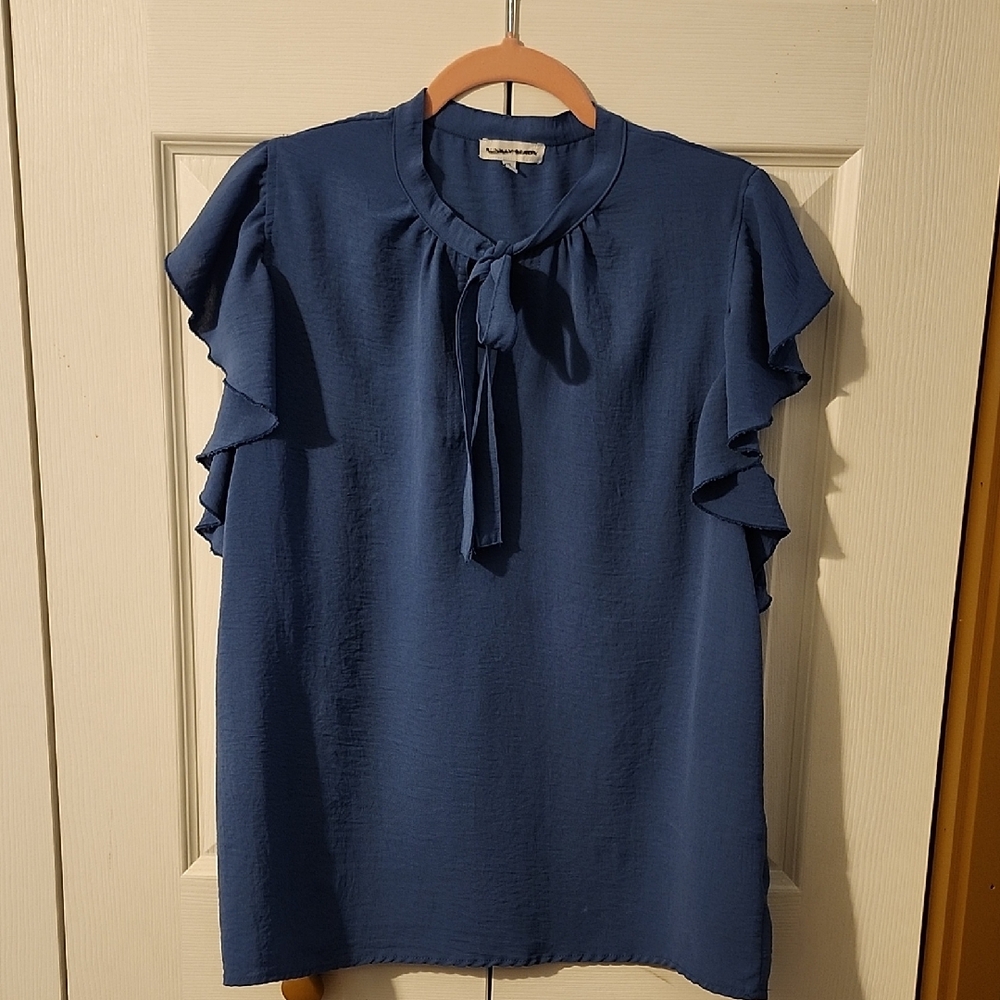 Elegant Blue Ruffle Sleeve Blouse